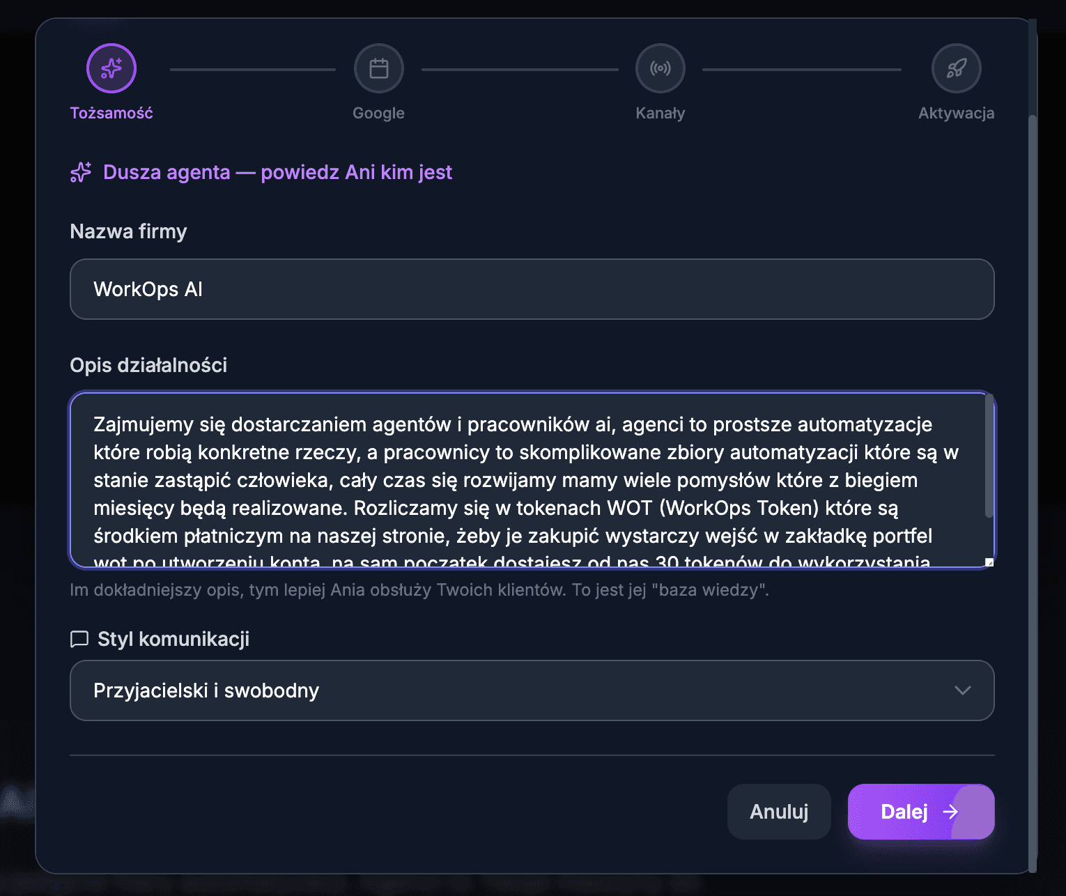 Panel konfiguracji tożsamości i stylu komunikacji Ani