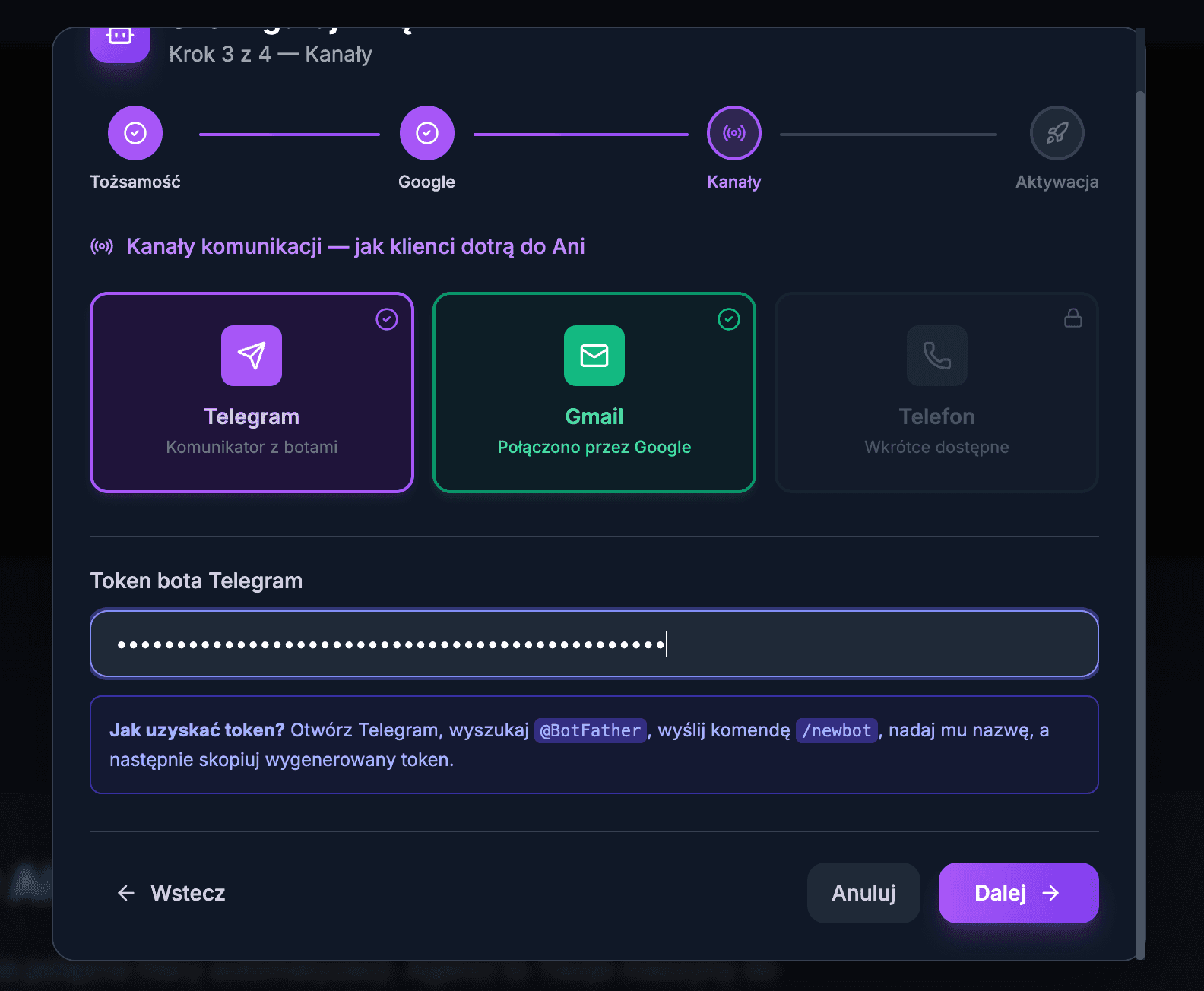 Ekran wyboru kanałów komunikacji — Telegram i Gmail