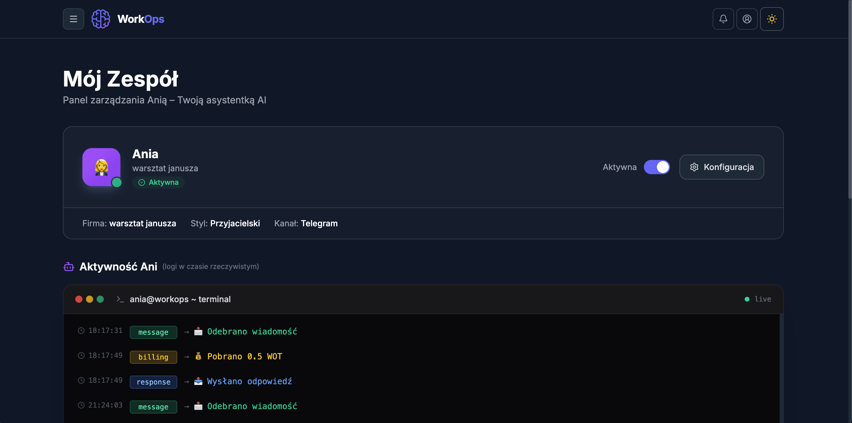 Widok aktywnej Ani na dashboardzie